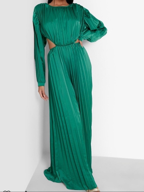 Boohoo Pants - Boohoo Occasion Emerald Pleated Satin Cutout Jumpsuit